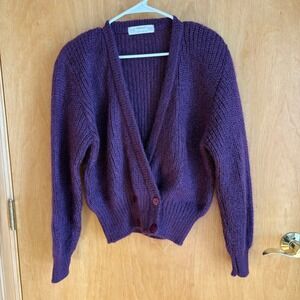 St Michael Vintage Deep Purple Mohair Blend Cardigan Sweater Button Front Medium